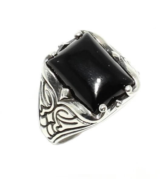 925 Ayar Gümüş Dikdörtgen Onyx Taşlı Erkek Yüzük - Resim 7