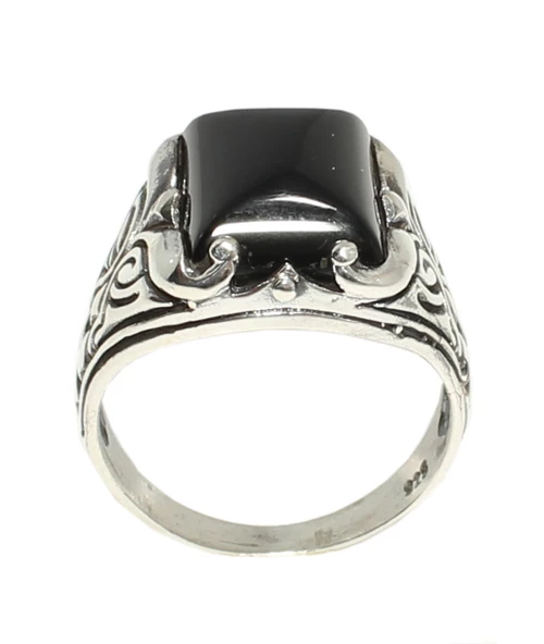 925 Ayar Gümüş Dikdörtgen Onyx Taşlı Erkek Yüzük - Resim 6