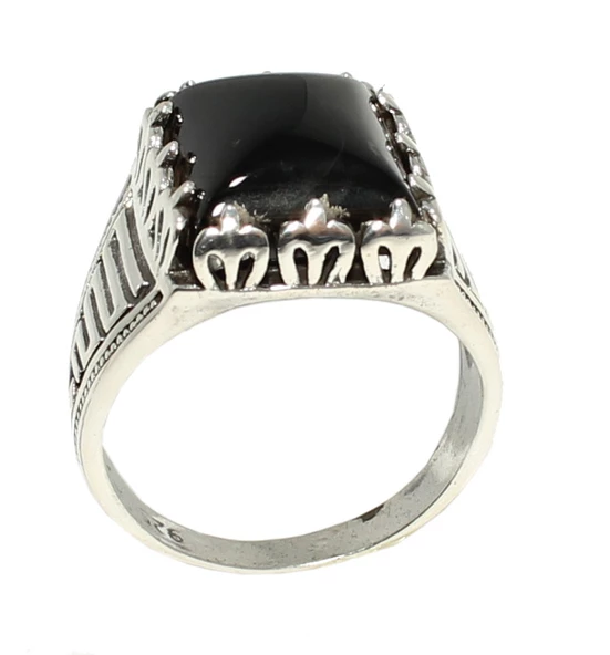 925 Ayar Gümüş Dikdörtgen Onix Taşlı Erkek Yüzük - Resim 6