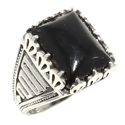 925 Ayar Gümüş Dikdörtgen Onix Taşlı Erkek Yüzük - Resim 5