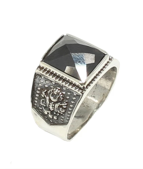 925 Ayar Gümüş Dikdörtgen Onyx Taşlı Osmanlı Arması İşlemeli Erkek Yüzük - Resim 8