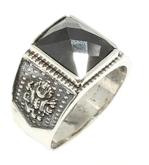 925 Ayar Gümüş Dikdörtgen Onyx Taşlı Osmanlı Arması İşlemeli Erkek Yüzük - Resim 5