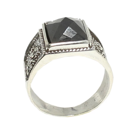 925 Ayar Gümüş Dikdörtgen Onyx Taşlı Osmanlı Arması İşlemeli Erkek Yüzük - Resim 6