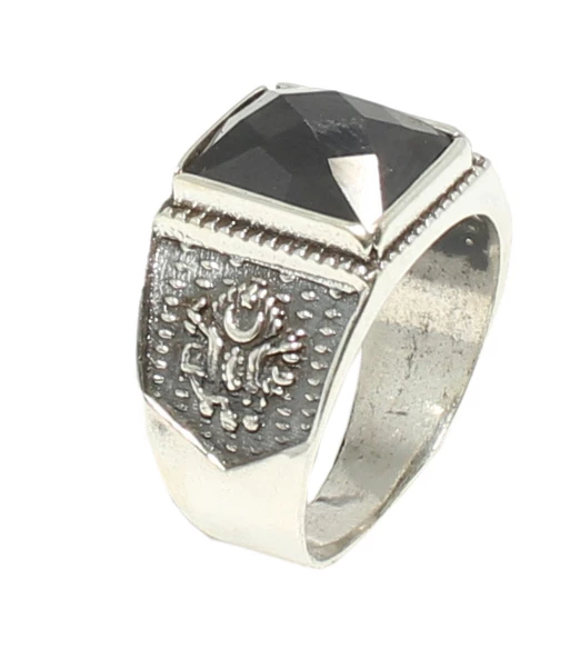 925 Ayar Gümüş Dikdörtgen Onyx Taşlı Osmanlı Arması İşlemeli Erkek Yüzük - Resim 9