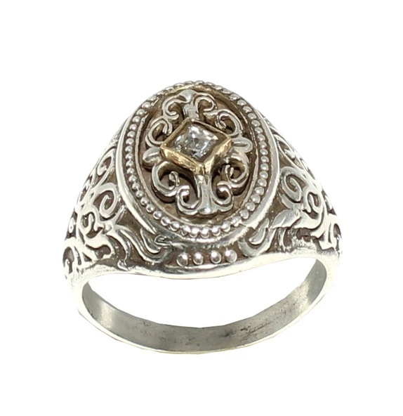 925 Ayar Gümüş Bronz Konstantinapol Tasarım Beyaz Taşlı Yüzük - Resim 5