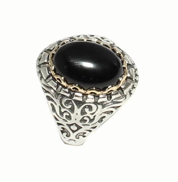 925 Ayar Gümüş Bronz Konstantinapol Tasarım Oniks Taşlı Yüzük - Resim 3