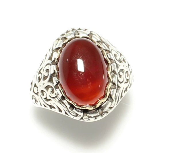 925 Ayar Gümüş Bronz Konstantinapol Tasarım Akik Taşlı Yüzük - Resim 3