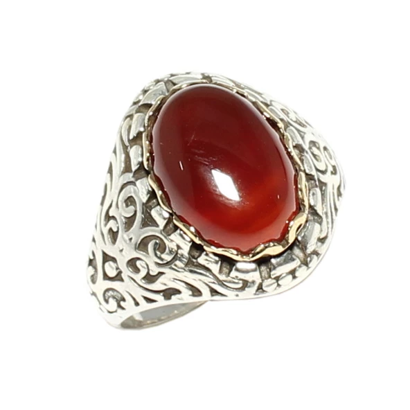 925 Ayar Gümüş Bronz Konstantinapol Tasarım Akik Taşlı Yüzük - Resim 2