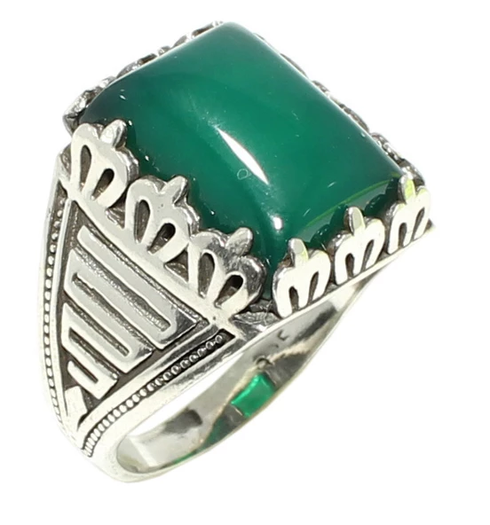 925 Ayar Gümüş Yeşil Kaplan Gözü Taşlı Erkek Yüzük - Resim 6