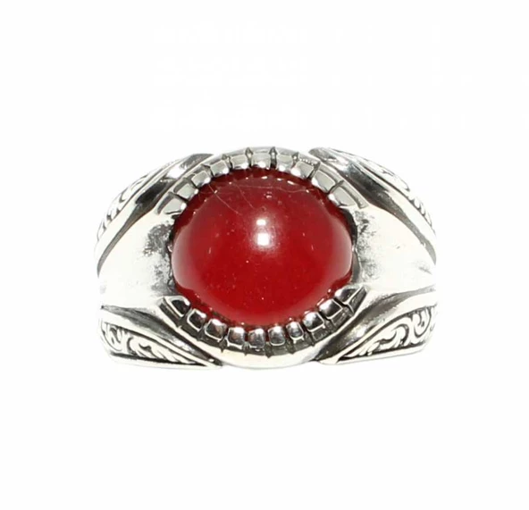 925 Ayar Gümüş Yuvarlak  Akik Taşlı Göz Modeli Erkek Yüzük - Resim 2