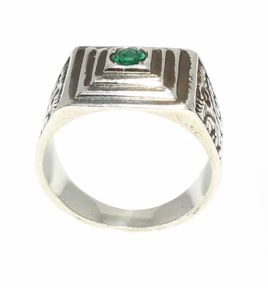 925 Ayar Gümüş Yeşil Zirkon Taşlı Piramit Yüzük - Resim 2