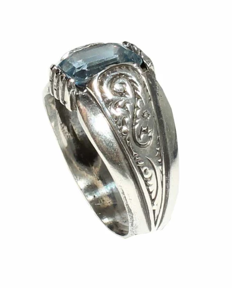 925 Ayar Gümüş Zümrüt Kesim Akuamarin Taşlı Desenli Erkek Yüzük - Resim 2