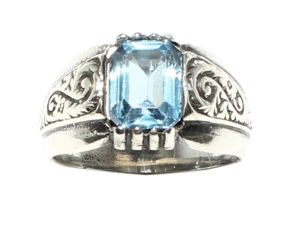 925 Ayar Gümüş Zümrüt Kesim Akuamarin Taşlı Desenli Erkek Yüzük ürün görseli