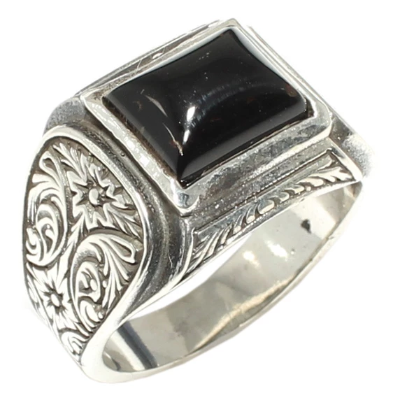 925 Ayar Gümüş Dikdörtgen Oniks Taşlı Erkek Yüzük ürün görseli 1