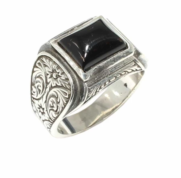 925 Ayar Gümüş Dikdörtgen Oniks Taşlı Erkek Yüzük - Resim 3