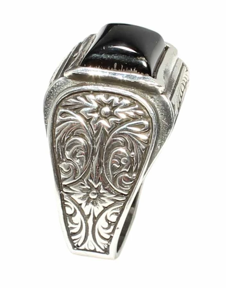 925 Ayar Gümüş Dikdörtgen Oniks Taşlı Erkek Yüzük - Resim 2