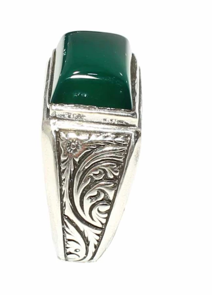 925 Ayar Gümüş Yeşil Dikdörtgen Akik Taşlı Desenli Erkek Yüzük - Resim 2