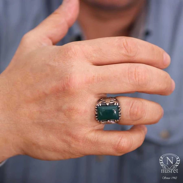 925 Ayar Gümüş Dikdörtgen Yeşil Akik Taşlı Akrep Erkek Yüzük - Resim 7