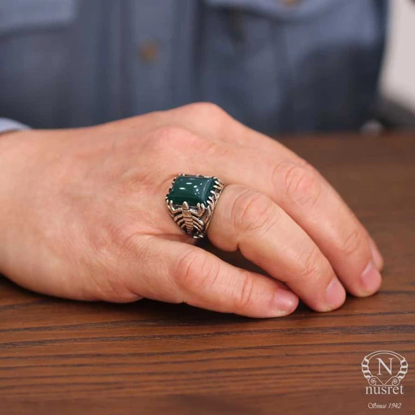 925 Ayar Gümüş Dikdörtgen Yeşil Akik Taşlı Akrep Erkek Yüzük ürün görseli 1