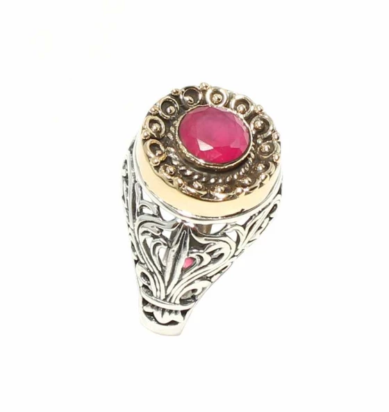 925 Ayar Gümüş ve Bronz Karışımı Yakut Taşlı Tasarım Yüzük - 3