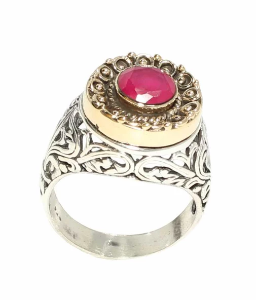 925 Ayar Gümüş ve Bronz Karışımı Yakut Taşlı Tasarım Yüzük - 2