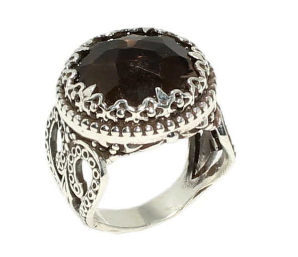 925 Ayar Gümüş Smoki Kuvars Taşlı Tasarım Yüzük ürün görseli