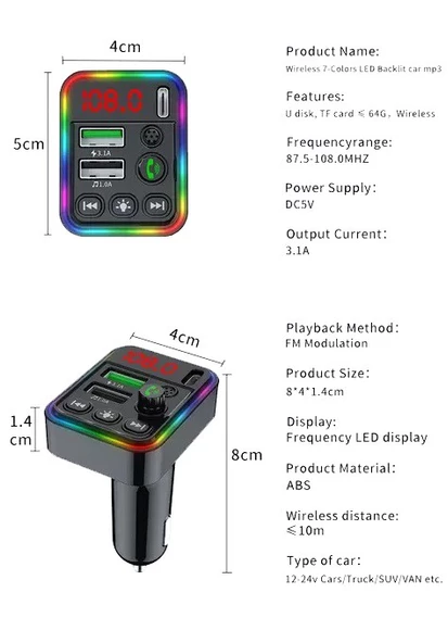 Concord C617 Rgb Işıklı PD 18 + QC 3.1A Şarj Bluetooth 5.1V Fm Transmitter - 7