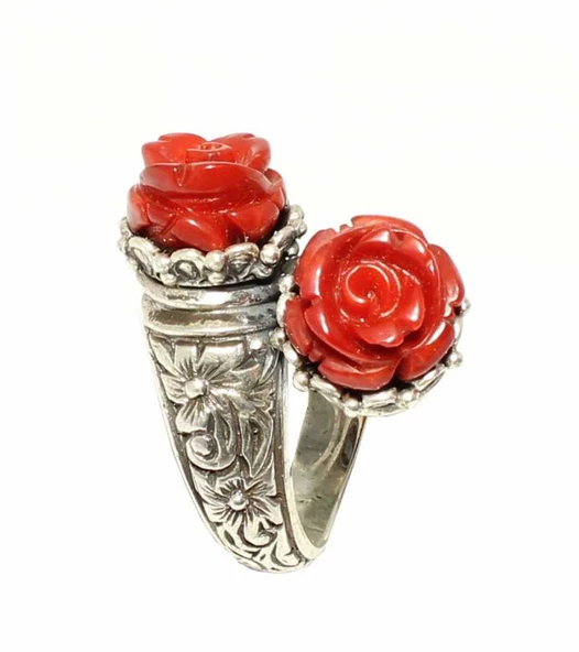 925 Ayar Gümüş Gül Mercan Taşlı Konstantinapol Tasarım Yüzük - Resim 2