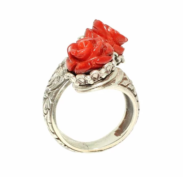 925 Ayar Gümüş Gül Mercan Taşlı Konstantinapol Tasarım Yüzük - Resim 3