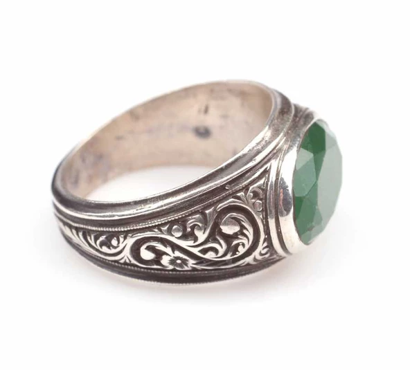 925 Ayar Gümüş Oval Fasetli Yeşil Agat Taşlı Erkek Yüzük - Resim 3