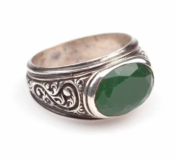 925 Ayar Gümüş Oval Fasetli Yeşil Agat Taşlı Erkek Yüzük - Resim 2