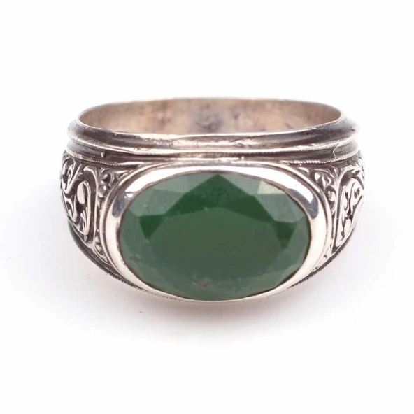 925 Ayar Gümüş Oval Fasetli Yeşil Agat Taşlı Erkek Yüzük - Resim 4