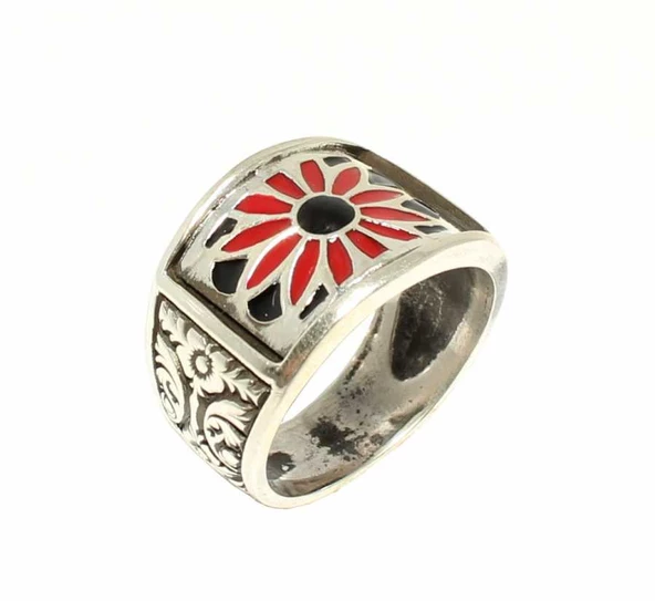 925 Ayar Gümüş Kırmızı Siyah Mineli Çiçek Motifli Erkek Yüzük - Resim 4