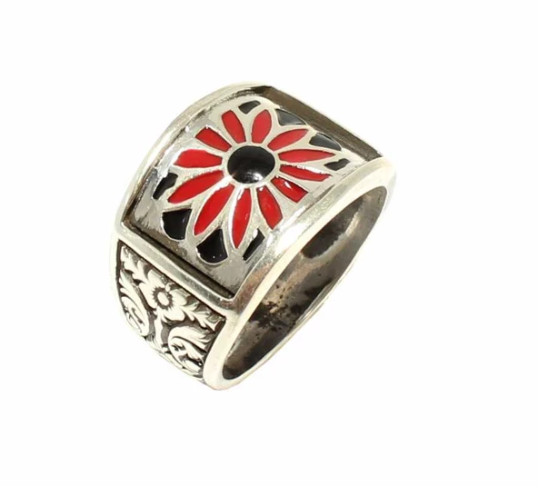 925 Ayar Gümüş Kırmızı Siyah Mineli Çiçek Motifli Erkek Yüzük - Resim 5