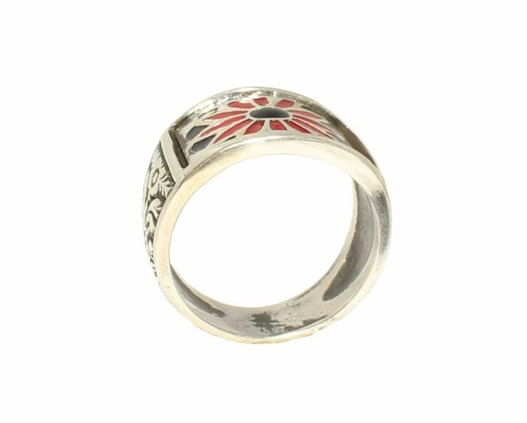 925 Ayar Gümüş Kırmızı Siyah Mineli Çiçek Motifli Erkek Yüzük - Resim 6
