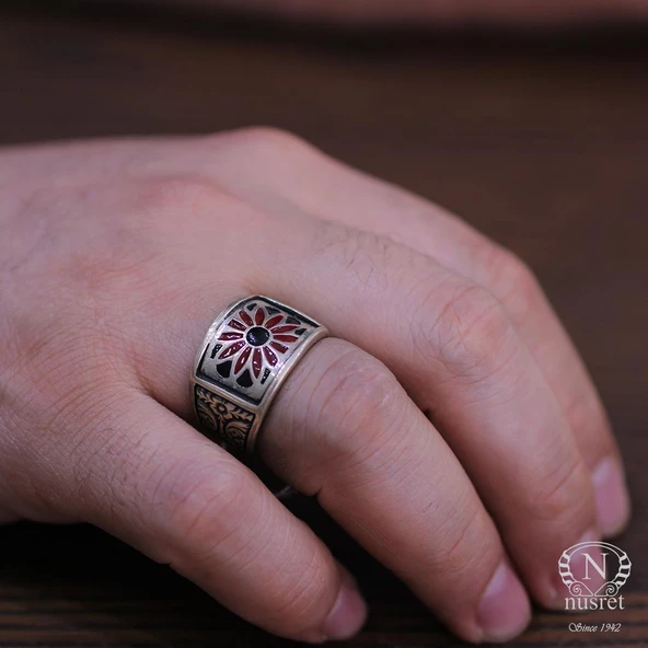925 Ayar Gümüş Kırmızı Siyah Mineli Çiçek Motifli Erkek Yüzük - Resim 7