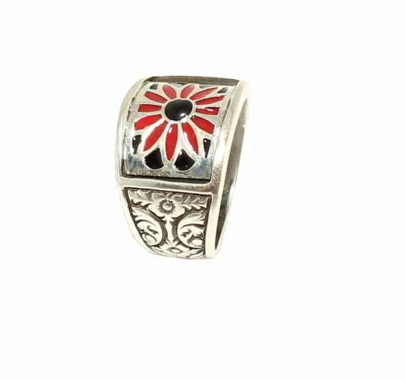 925 Ayar Gümüş Kırmızı Siyah Mineli Çiçek Motifli Erkek Yüzük - Resim 2
