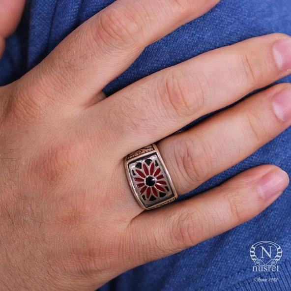925 Ayar Gümüş Kırmızı Siyah Mineli Çiçek Motifli Erkek Yüzük - Resim 8