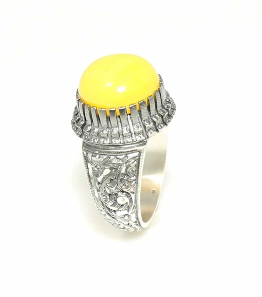 Yuvarlak Sarı Kehribar Taşlı 925 Ayar Gümüş El Kalemli Yüzük - Resim 3