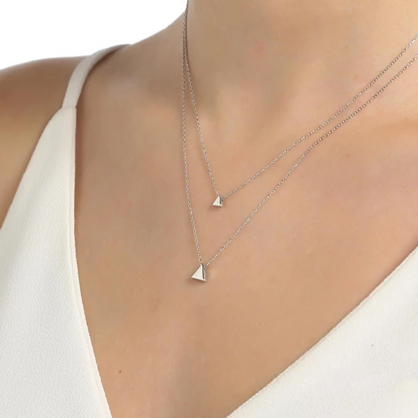 925 Ayar Gümüş İkili Üçgen Kolye - Resim 6