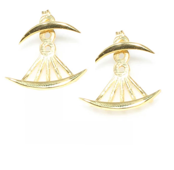 925 Ayar Gümüş Hilal Modeli Ear Jacket Küpe, Sarı - Resim 3