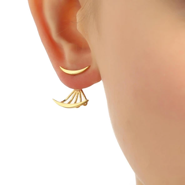 925 Ayar Gümüş Hilal Modeli Ear Jacket Küpe, Sarı - Resim 6