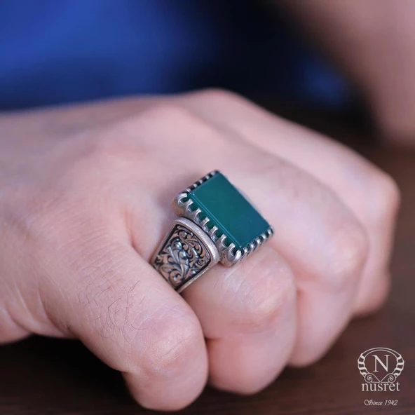 925 Ayar Gümüş Dikdörtgen Yeşil Akik Taşlı Tırnak Modeli El Kalemli Erkek Yüzük - Resim 9