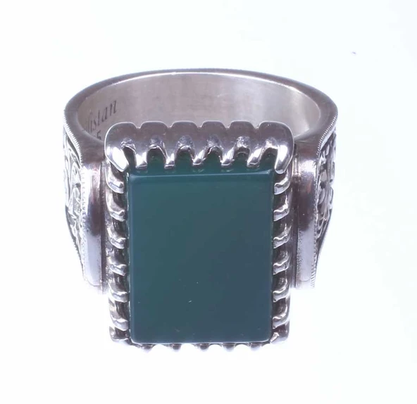 925 Ayar Gümüş Dikdörtgen Yeşil Akik Taşlı Tırnak Modeli El Kalemli Erkek Yüzük - Resim 7
