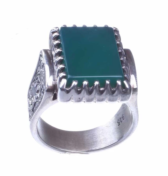 925 Ayar Gümüş Dikdörtgen Yeşil Akik Taşlı Tırnak Modeli El Kalemli Erkek Yüzük - Resim 8