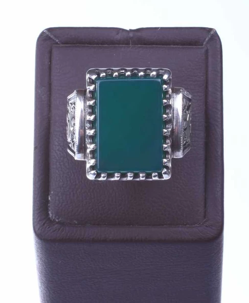 925 Ayar Gümüş Dikdörtgen Yeşil Akik Taşlı Tırnak Modeli El Kalemli Erkek Yüzük - Resim 4
