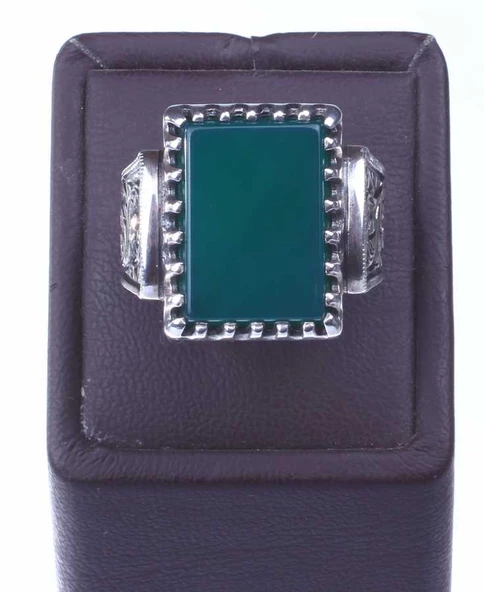 925 Ayar Gümüş Dikdörtgen Yeşil Akik Taşlı Tırnak Modeli El Kalemli Erkek Yüzük - Resim 6