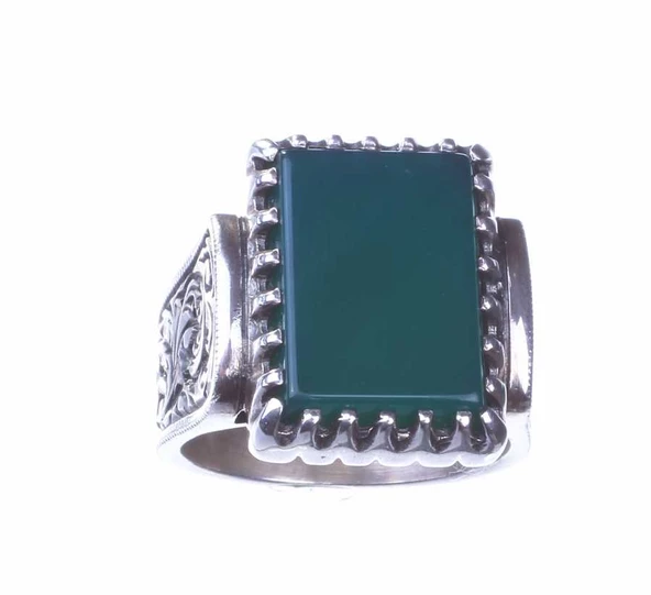 925 Ayar Gümüş Dikdörtgen Yeşil Akik Taşlı Tırnak Modeli El Kalemli Erkek Yüzük - Resim 3