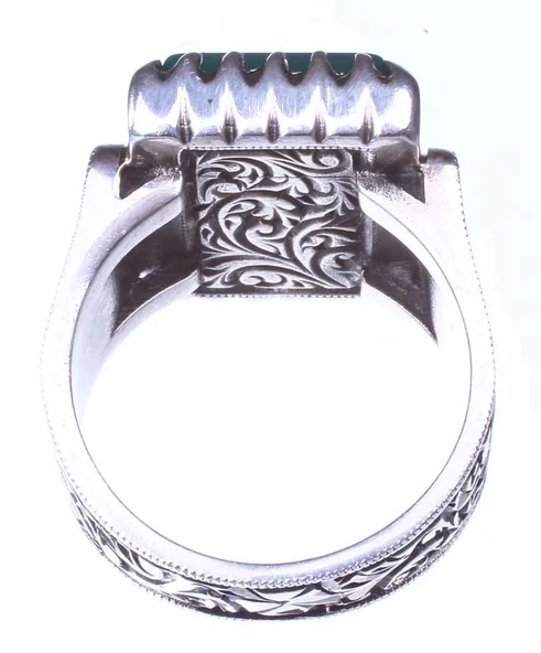 925 Ayar Gümüş Dikdörtgen Yeşil Akik Taşlı Tırnak Modeli El Kalemli Erkek Yüzük - Resim 2