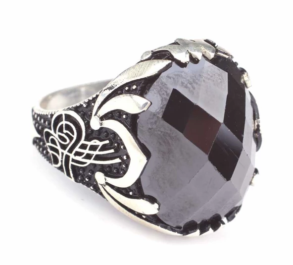 925 Ayar Gümüş Tuğra Desenli Oval Oniks Taşlı Erkek Yüzük ürün görseli 1